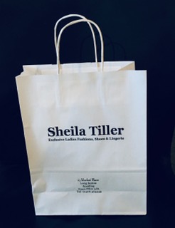 White printed paper carrier bags size 240x110x310mm